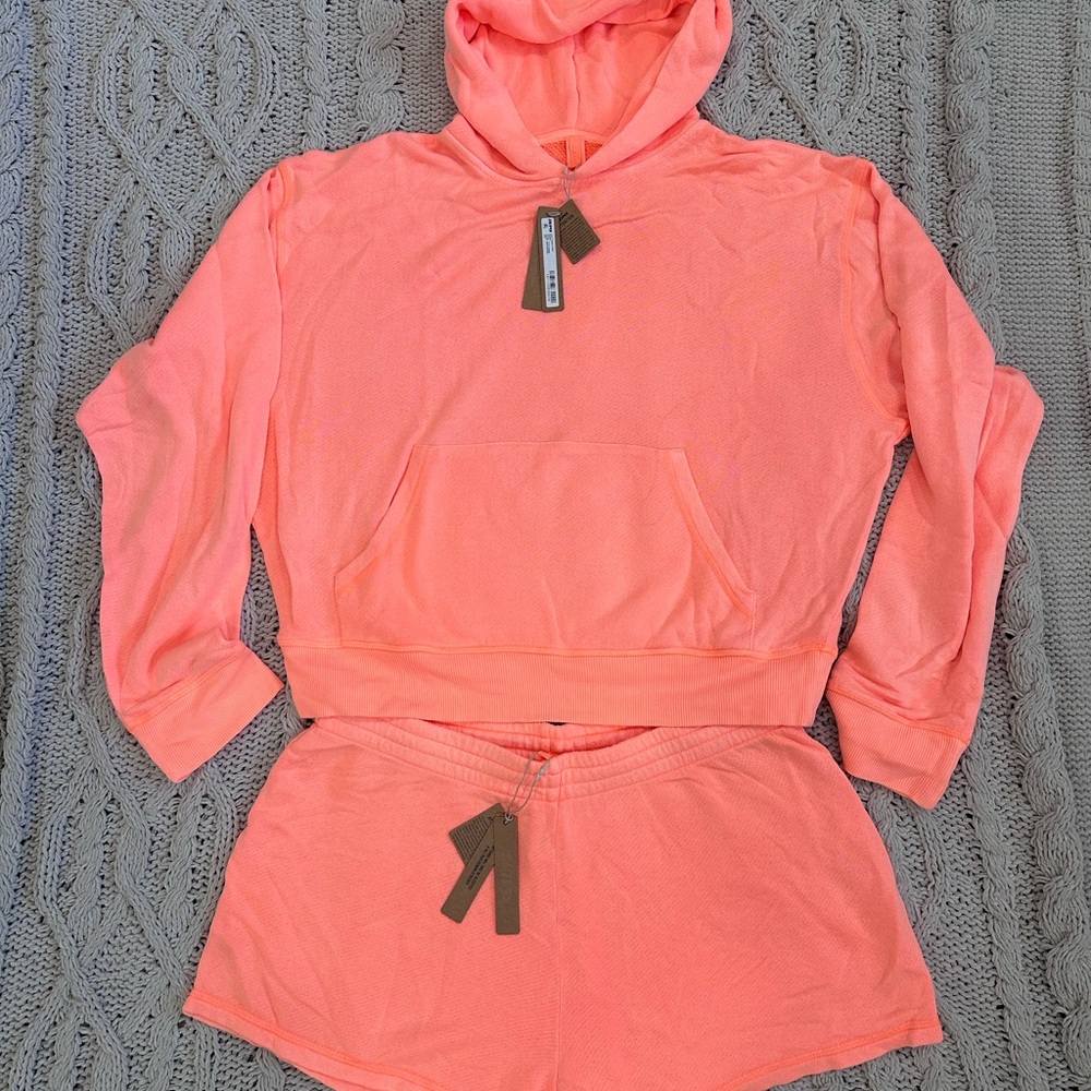 SKIMS Bright Coral Hoodie and shorts set